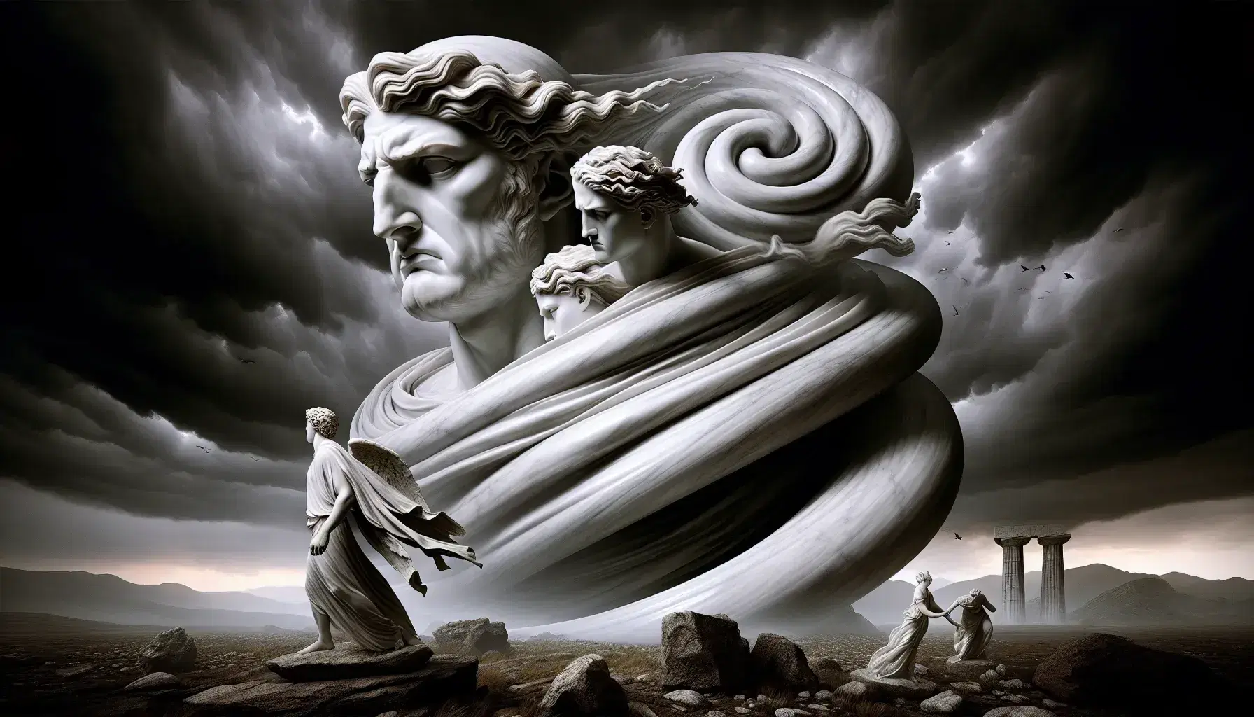 Scultura in marmo di Minosse giudice dell'Inferno dantesco con coda a spirale, su sfondo di cielo tempestoso e paesaggio desolato, accanto a due figure umane abbracciate.