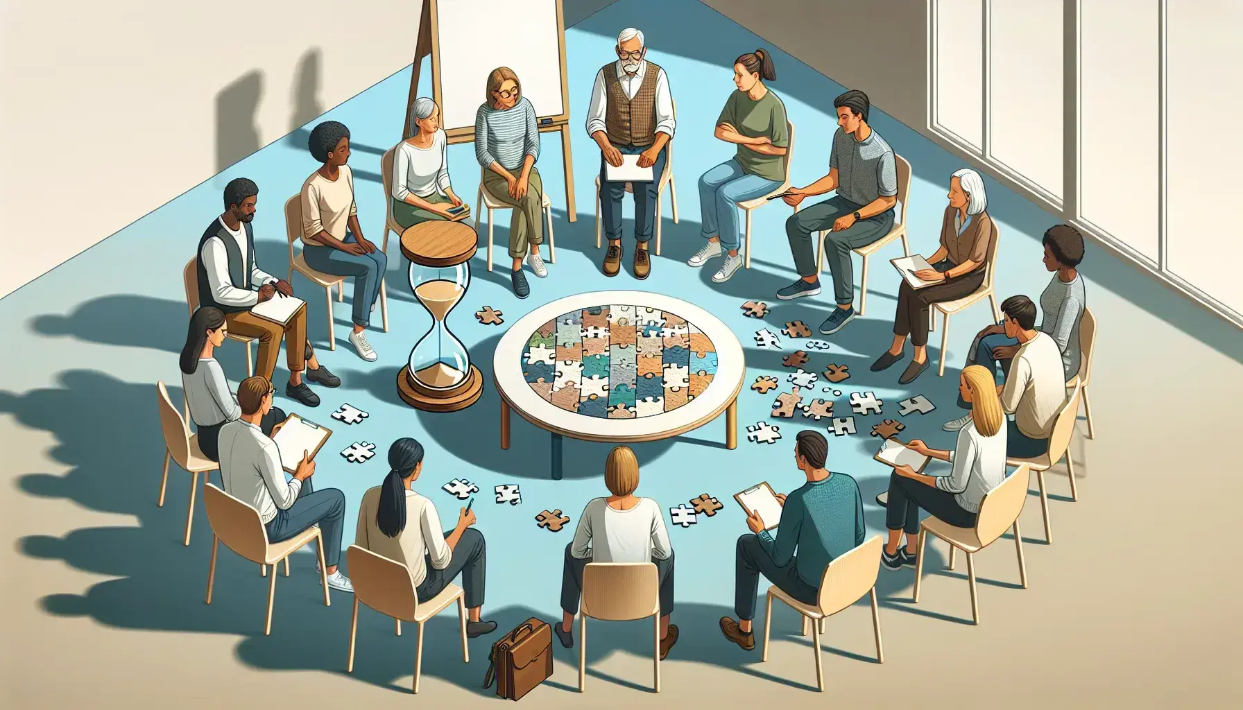 Grupo diverso colaborando en un rompecabezas alrededor de una mesa con un reloj de arena, en una sala iluminada naturalmente y sin distracciones.