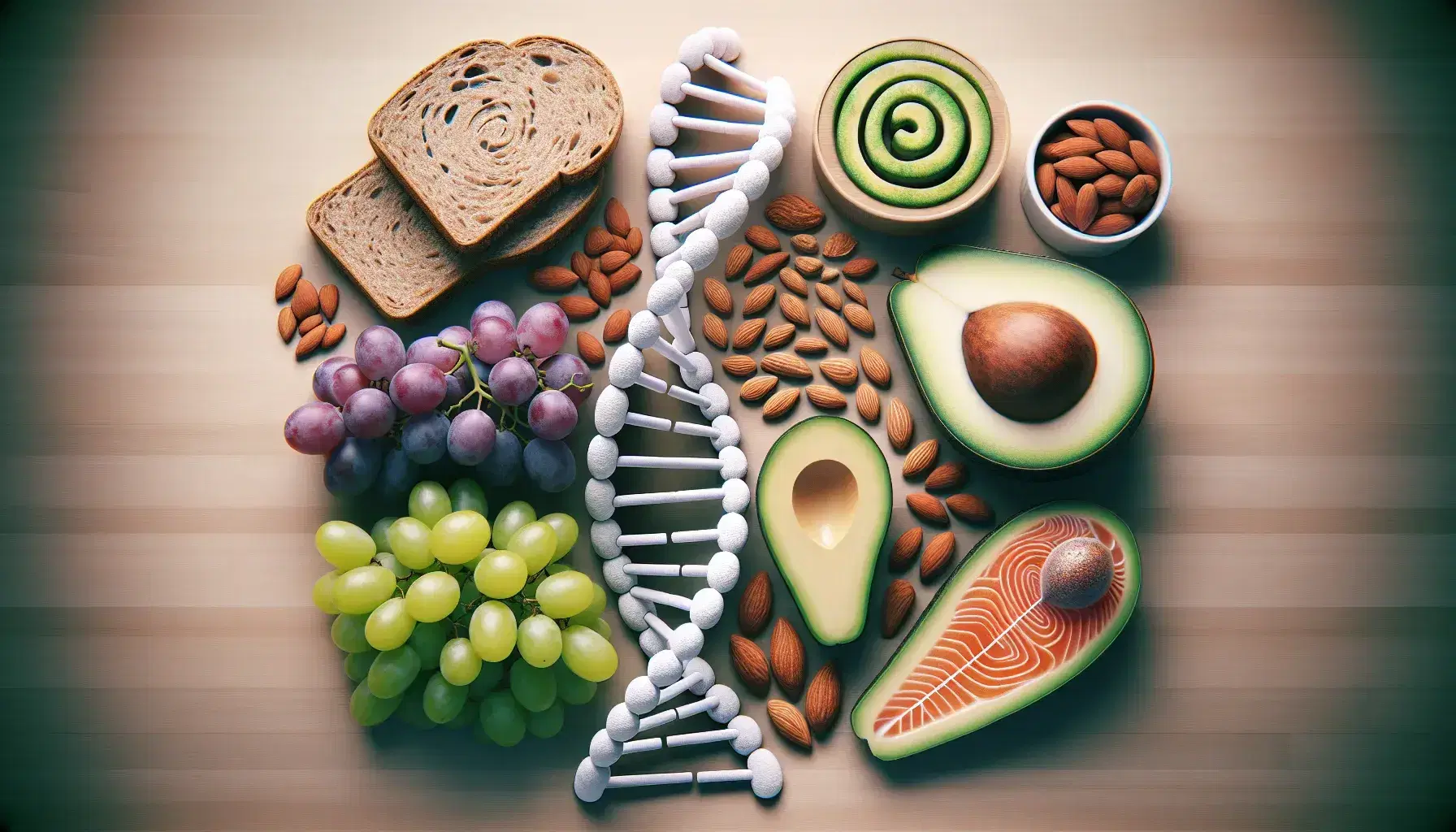 Variedad de alimentos saludables alrededor de una estructura de ADN en 3D sobre fondo de madera clara, incluyendo uvas, pan integral, aguacate, almendras y salmón.