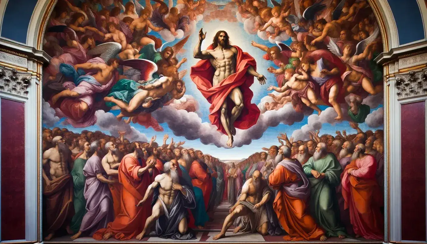 Affresco rinascimentale con Cristo giudicante al centro, circondato da santi e angeli dai colori vivaci su sfondo cielo azzurro.