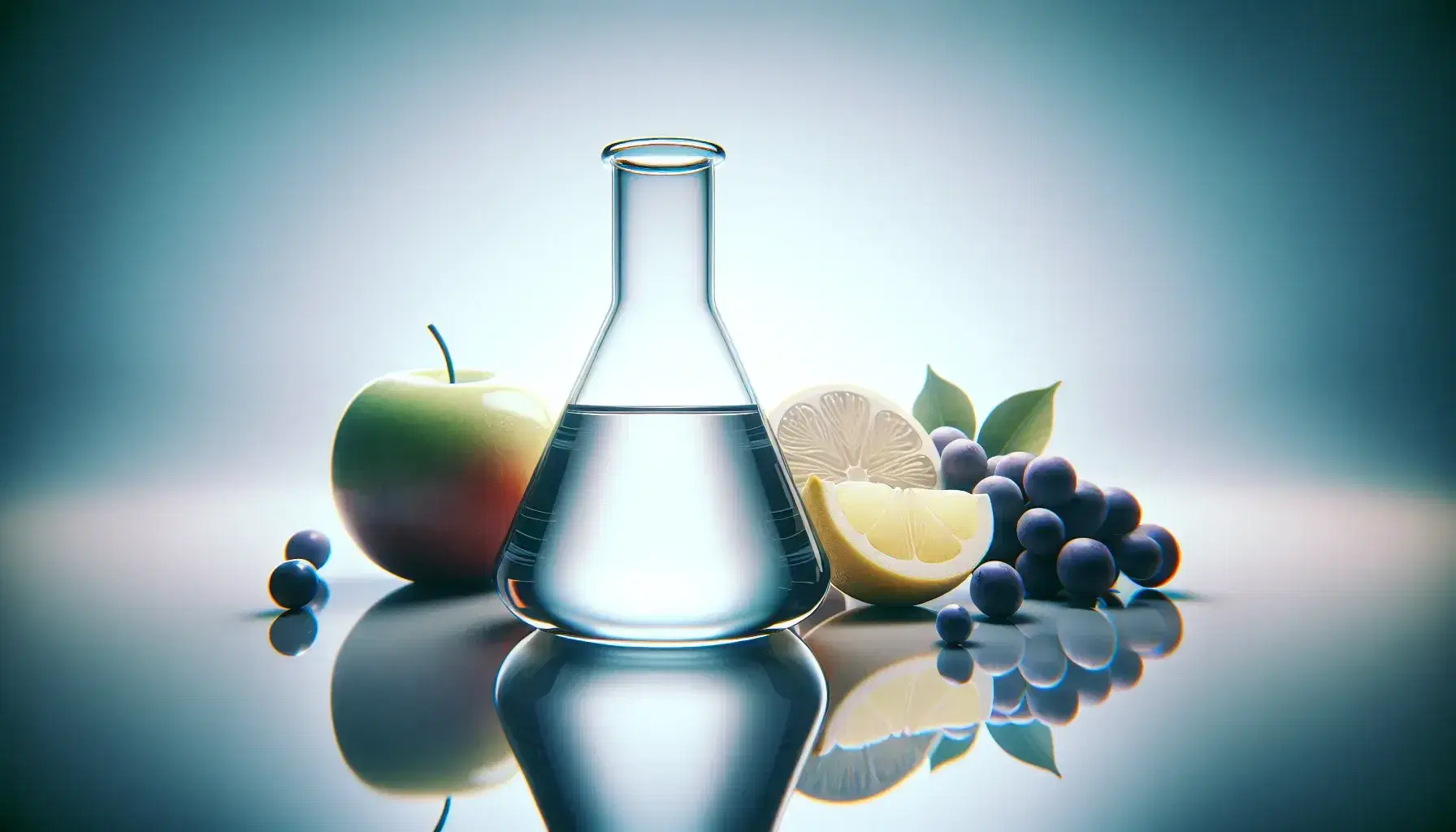 Transparent glass flask with colorless liquid on reflective surface, next to fresh fruit: green apple, lemon and bunch of grapes.