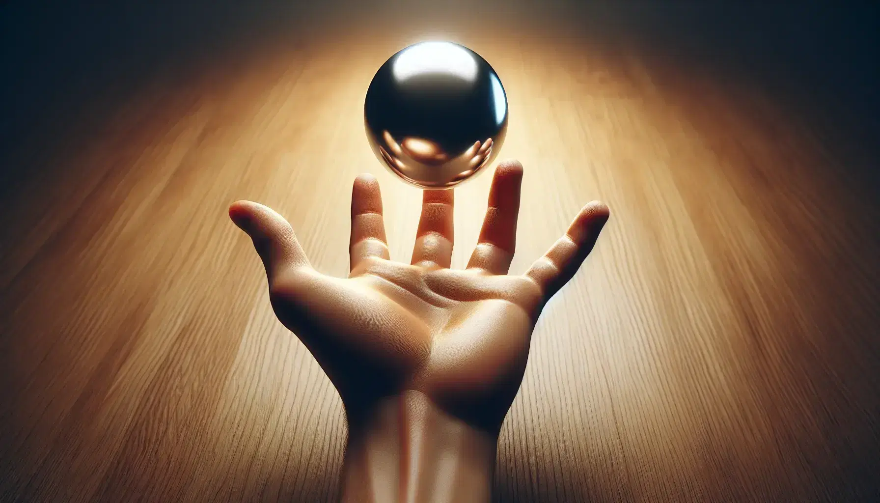 Mano humana sosteniendo esfera metálica pulida sobre fondo de madera, reflejando luz suave y creando juego de sombras.
