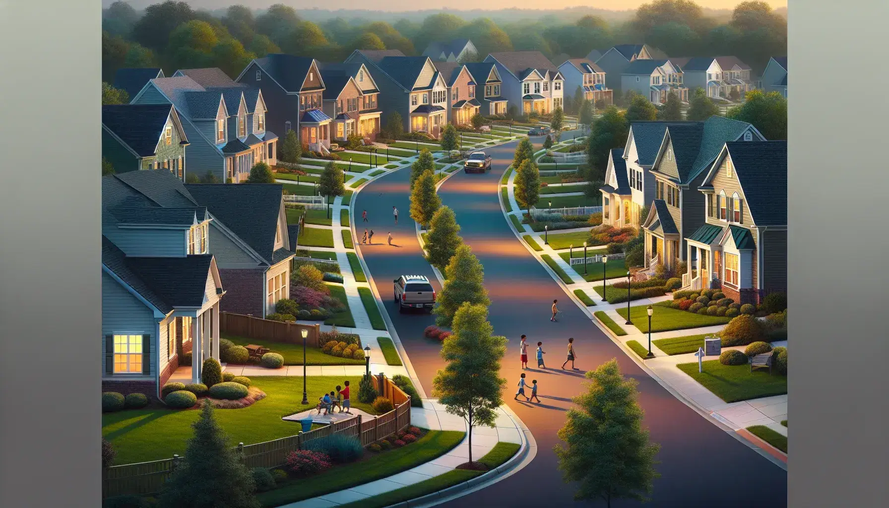 Suburban neighborhood at dusk with tree-lined street, diverse families enjoying outdoor activities, and homes under a gradient sunset sky.
