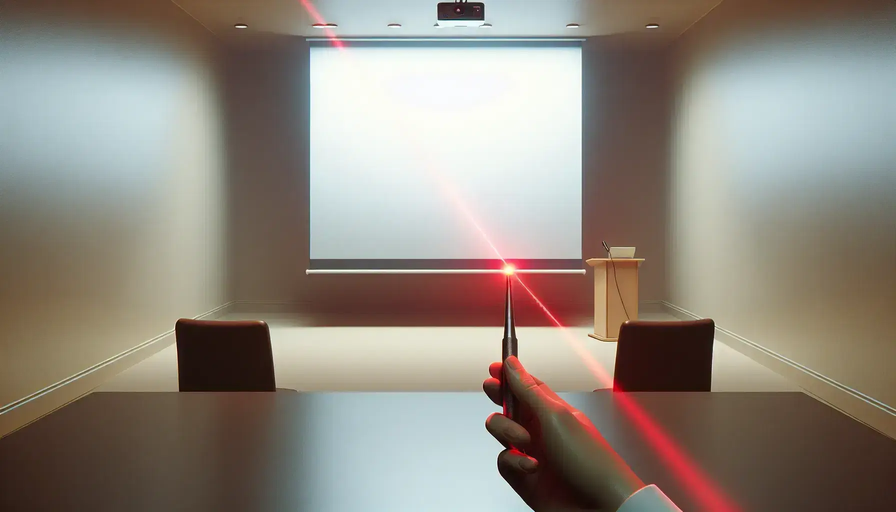 Mano sosteniendo puntero láser rojo apuntando a pantalla blanca en sala de conferencias con proyector y laptop encendida.