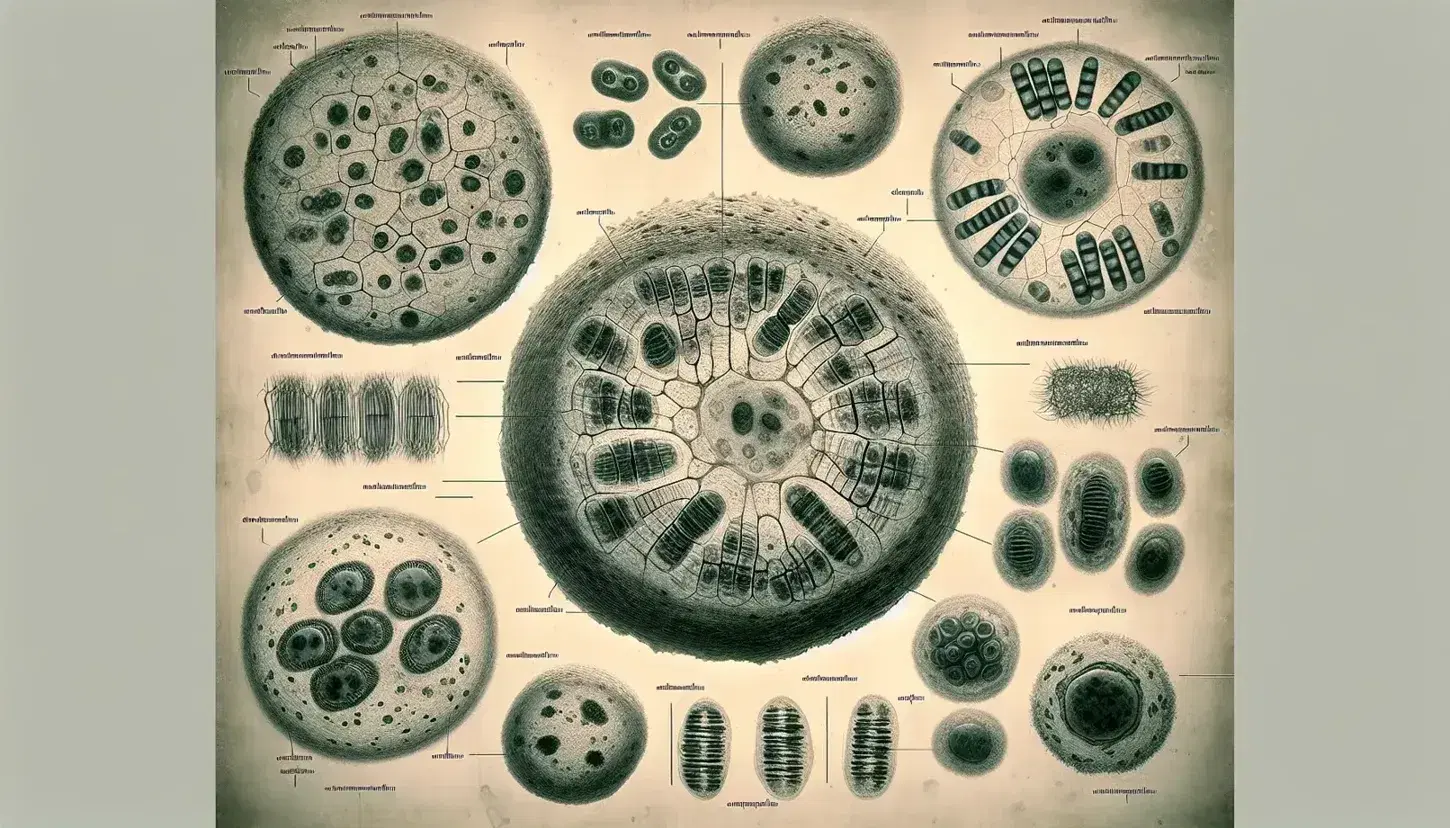 Células en distintas fases de mitosis bajo microscopio óptico, mostrando prophase, metaphase, anaphase y telophase con cromosomas visibles.