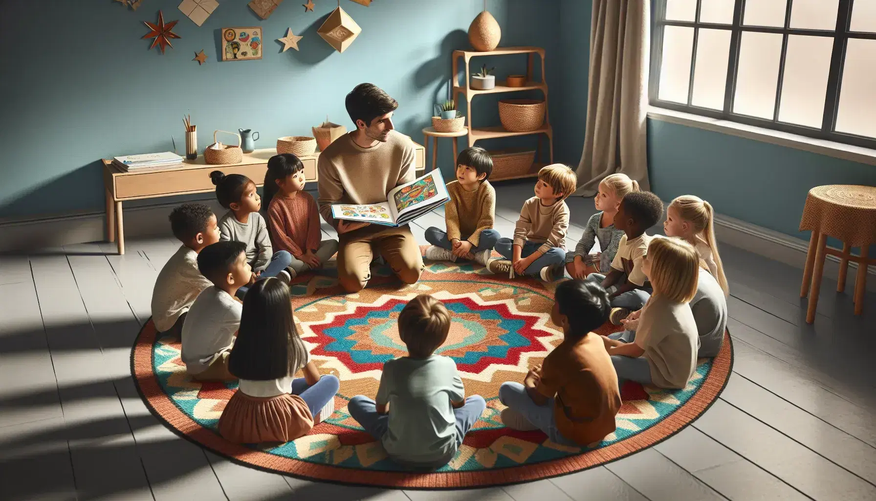 Hispanic teacher holds picture book to attentive children sitting in circle on colorful carpet in bright classroom with no visible symbols.