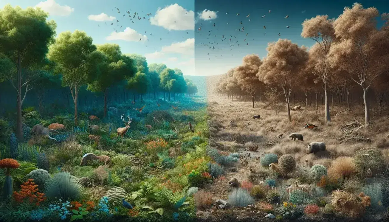 Paisaje dividido mostrando ecosistema frondoso con árboles, animales y cielo azul a la izquierda, y terreno árido sin vida y cielo gris a la derecha, simbolizando contraste ambiental.