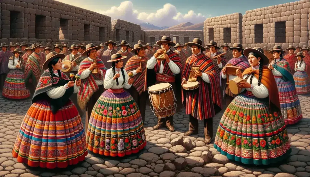 Grupo de personas en trajes tradicionales andinos con músicos tocando zampoña y tambor frente a arquitectura antigua de piedra bajo cielo azul.