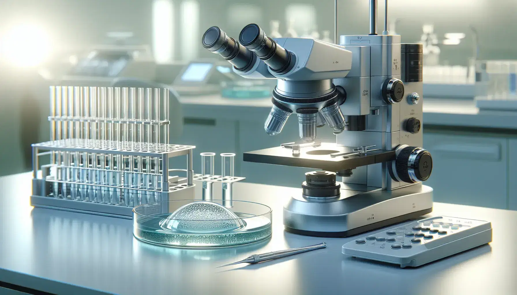 Advanced fertility lab microscope with precision adjustment dials and a petri dish on a sterile surface, surrounded by organized pipettes.