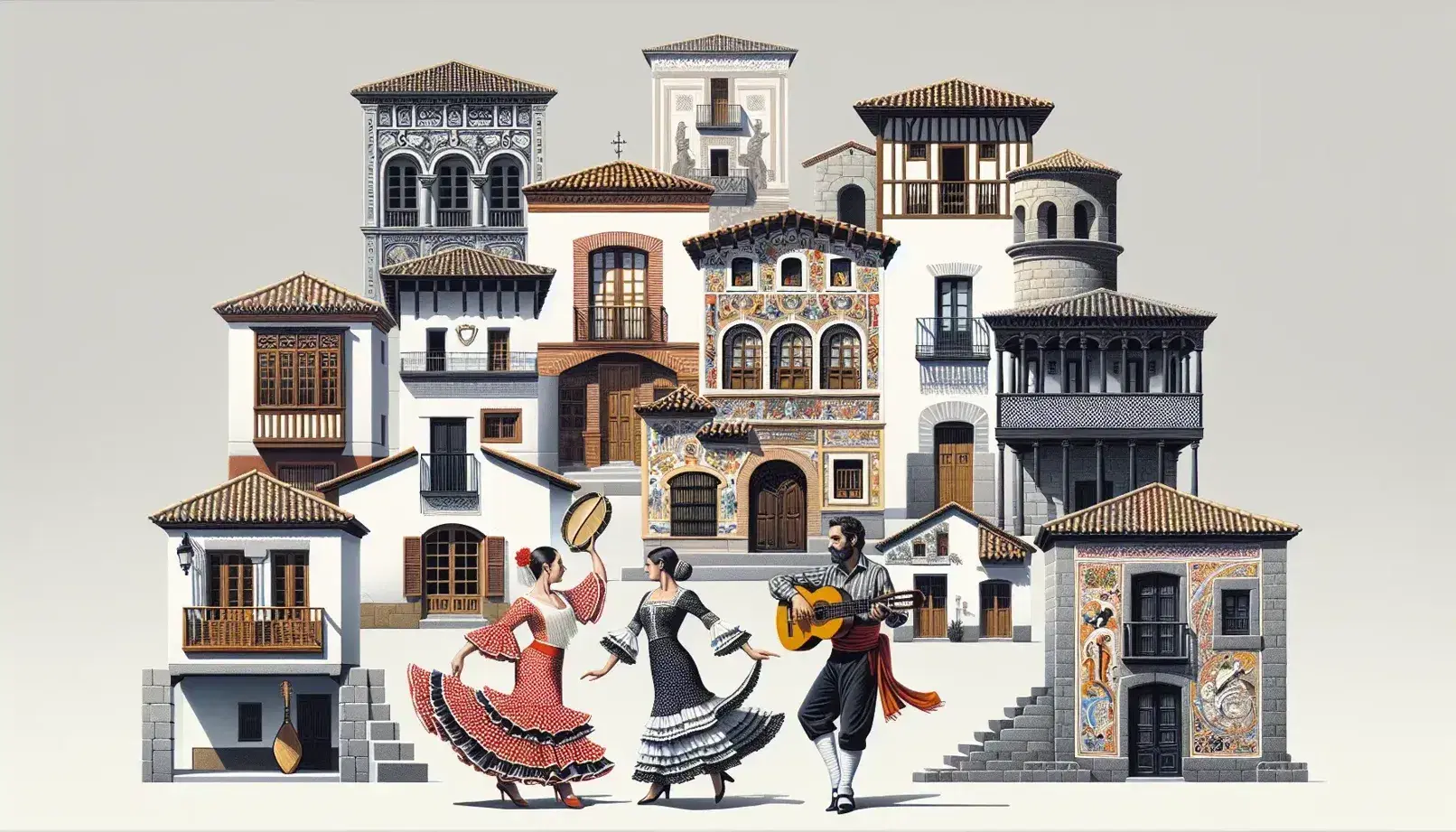Traditional Spanish architecture and cultural attire with an Andalusian flamenco dancer and Galician bagpiper, showcasing Spain's regional diversity.