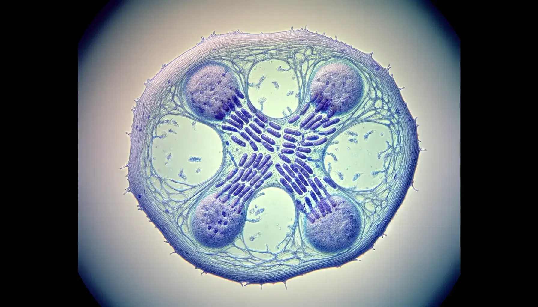 Eukaryotic cell undergoing mitotic metaphase, with aligned purple chromosomes and dark blue mitotic spindle on light background.
