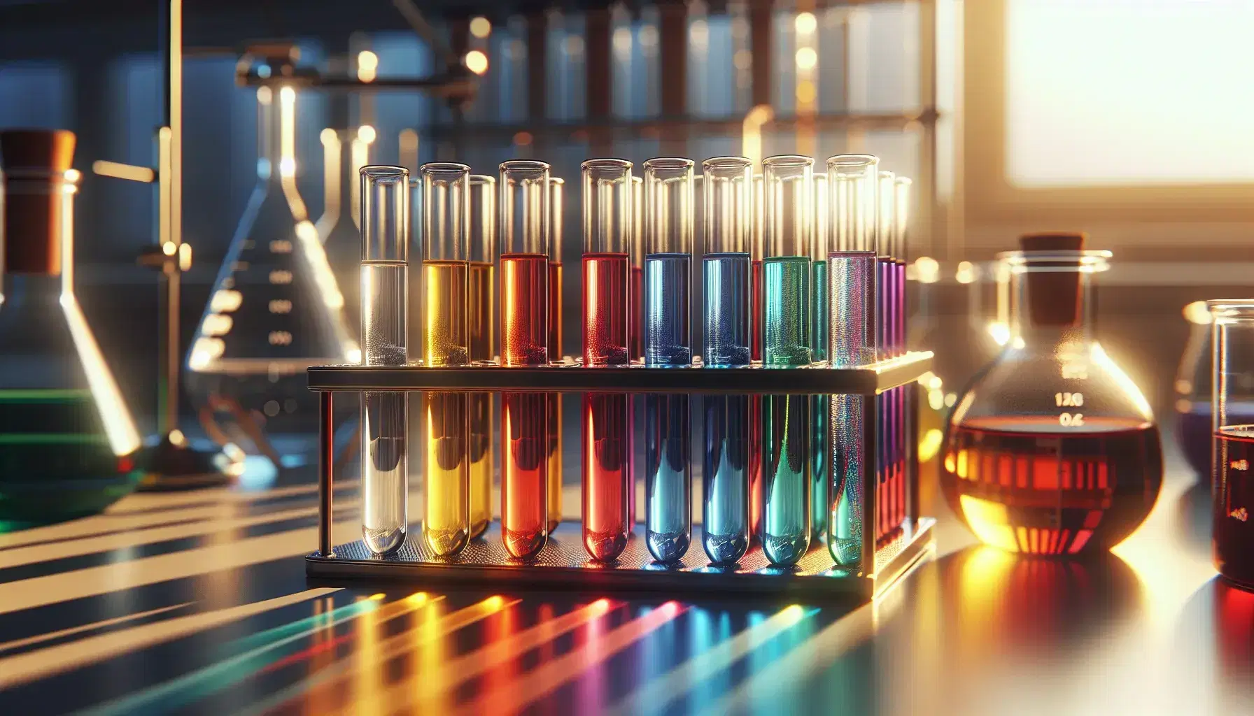 Serie de tubos de ensayo de vidrio con líquidos de colores en gradiente de rojo a azul en soporte metálico, iluminados por luz natural en laboratorio.