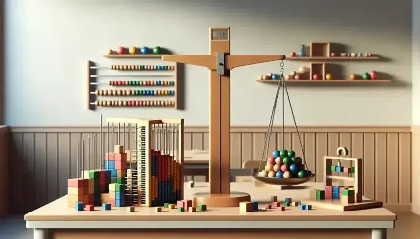 Aula scolastica luminosa con tavolo e blocchi colorati, bilancia a due piatti con pesi metallici e abaco con perline.