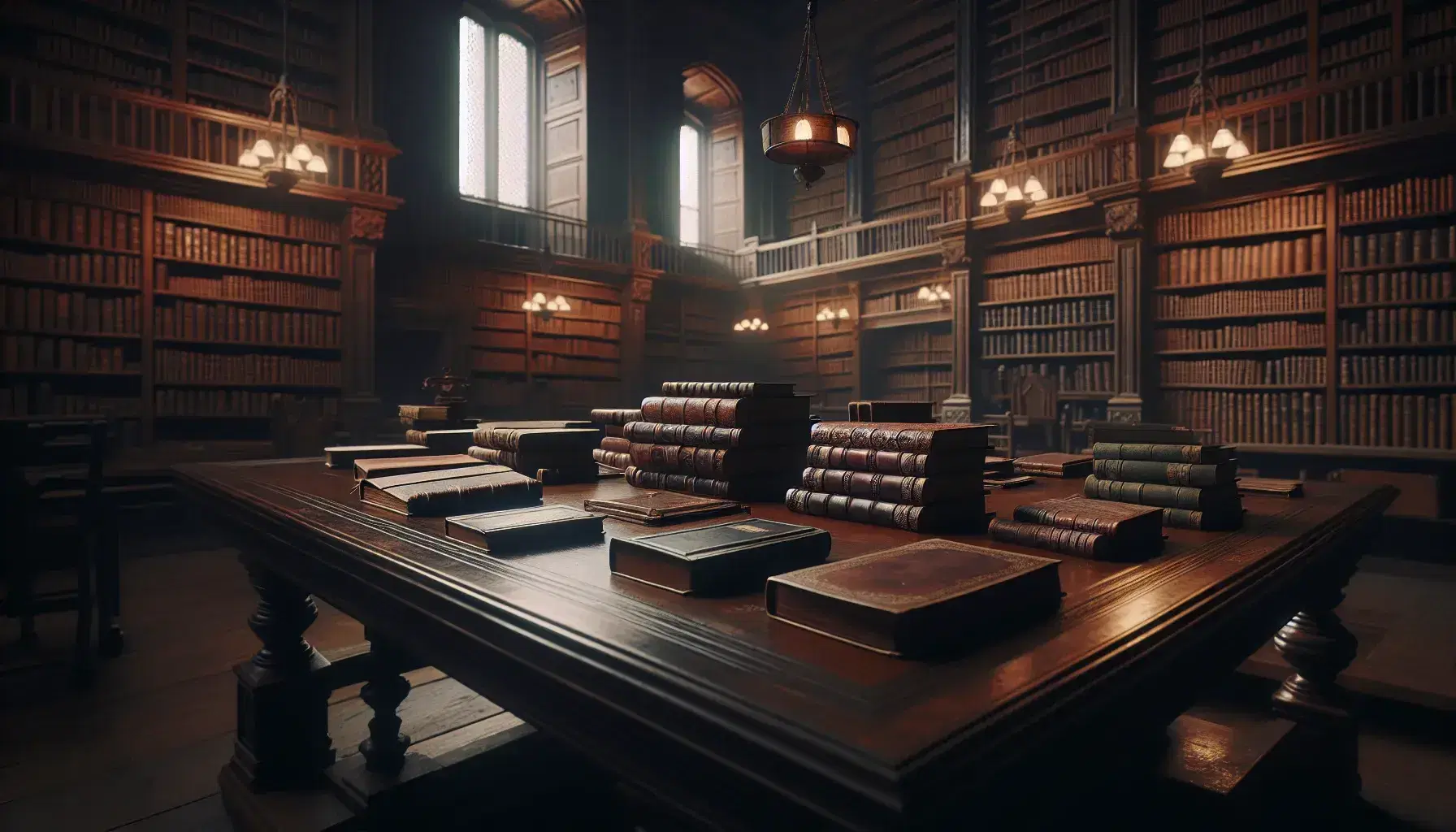 Biblioteca antica con tavolo in legno scuro, libri in pelle, scaffali pieni, lampade a muro e finestra su giardino.