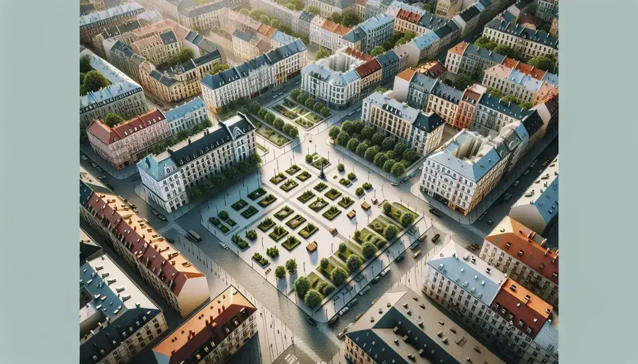 Veduta aerea di una città europea con piazza centrale, tetti rossi, edifici storici, parco urbano, quartiere residenziale e grattacieli moderni.