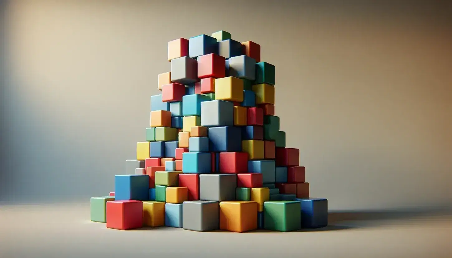 Torre de cubos tridimensionales de colores como azul, rojo, verde, amarillo y naranja apilados al azar sobre superficie gris.