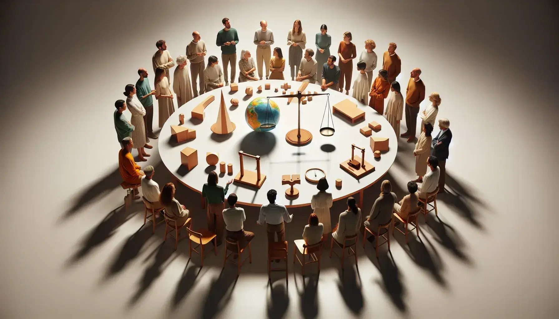Grupo diverso de personas en animada discusión alrededor de una mesa semicircular con un globo terráqueo y figuras geométricas de madera sobre un mantel blanco.
