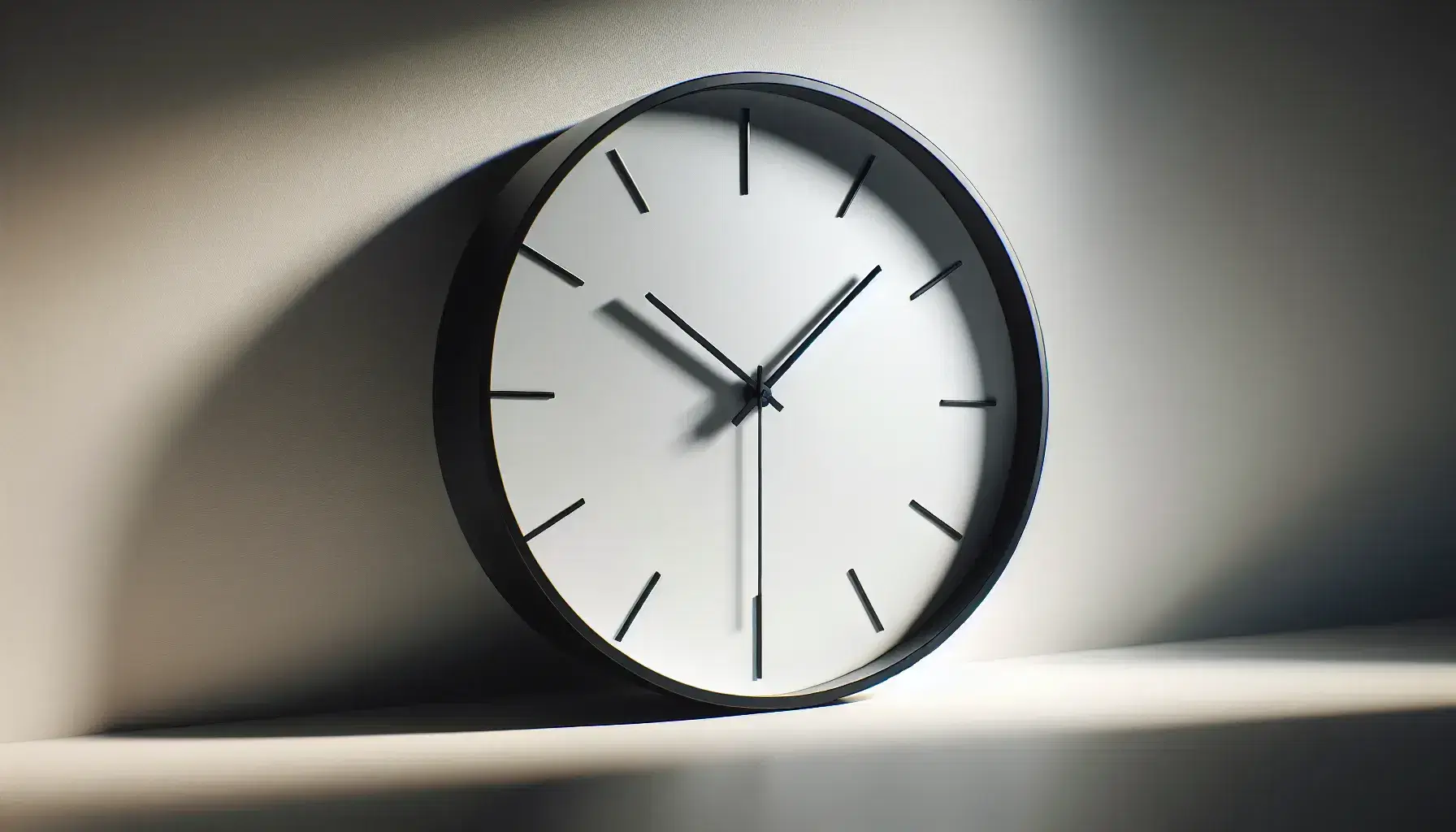 Orologio da parete moderno minimalista con cornice nera sottile, quadrante bianco senza numeri e lancette nere su sfondo bianco con ombra a forma di onda sinusoidale.