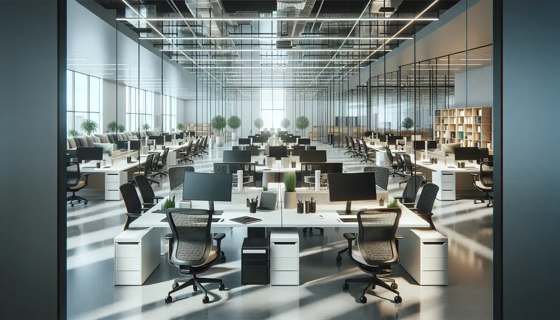 Oficina moderna y espaciosa con filas de estaciones de trabajo con escritorios blancos, sillas ergonómicas negras, monitores de computadora y una mesa redonda central para reuniones, rodeada de oficinas con paredes de vidrio y plantas verdes.