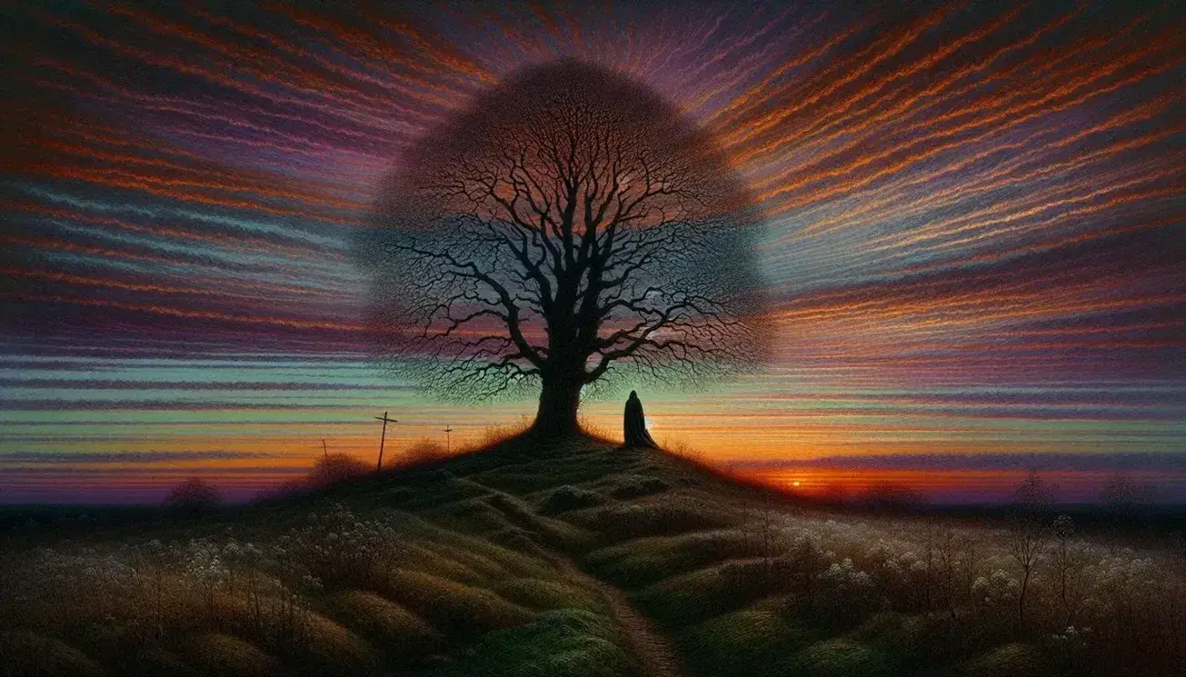 Paesaggio naturale al tramonto con albero spoglio su collina verde e figura umana in mantello che osserva l'orizzonte, cielo sfumato arancione e rosa.