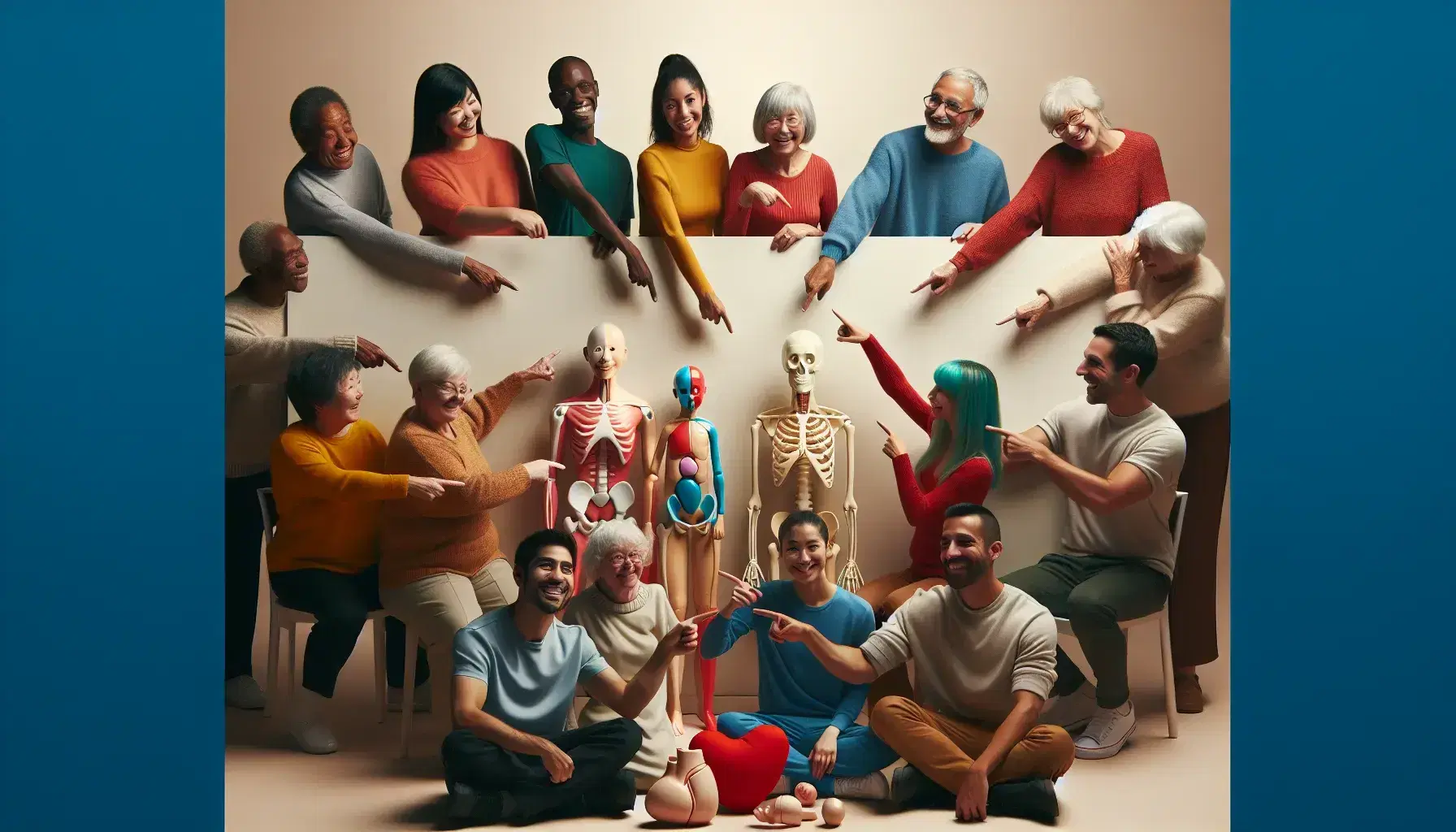 Diverse group pointing at body parts in a learning session, with a South Asian woman at her head, a black man at his shoulder, a white woman at her knee, and educational models on a table.