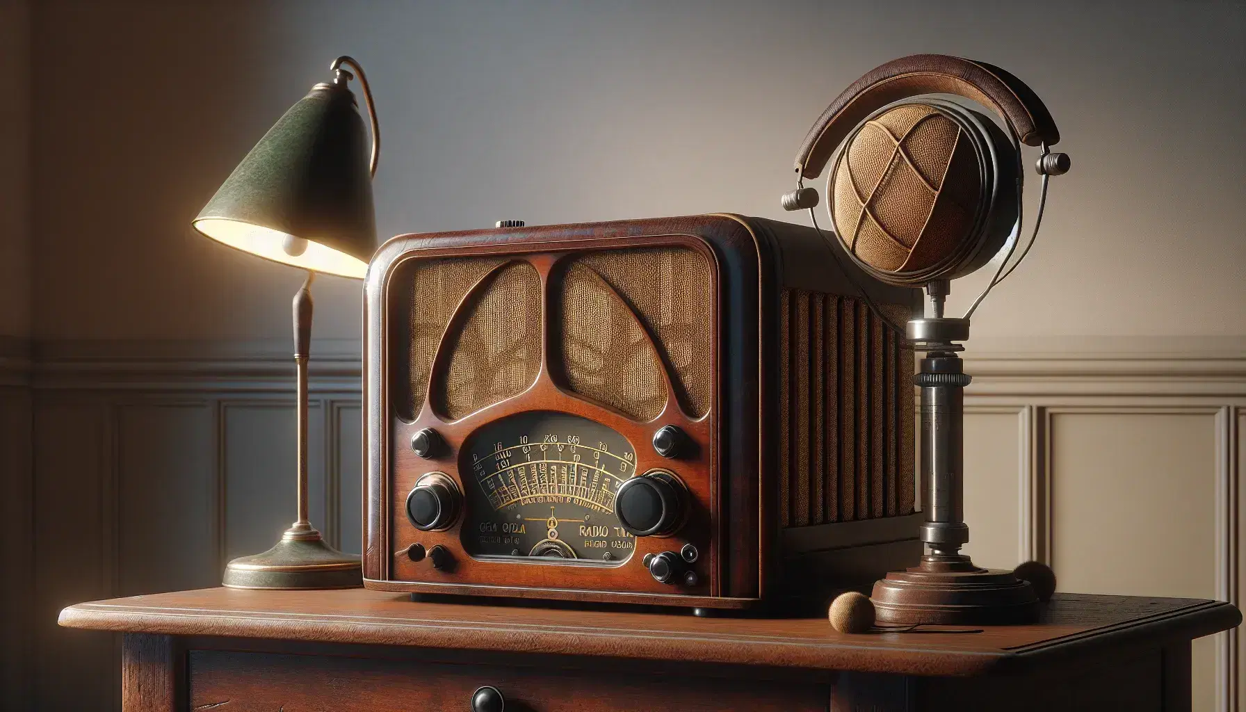 Mesa antigua de madera con radio de bulbos de los años 20 y auriculares de época al lado de una lámpara de escritorio verde oscuro.