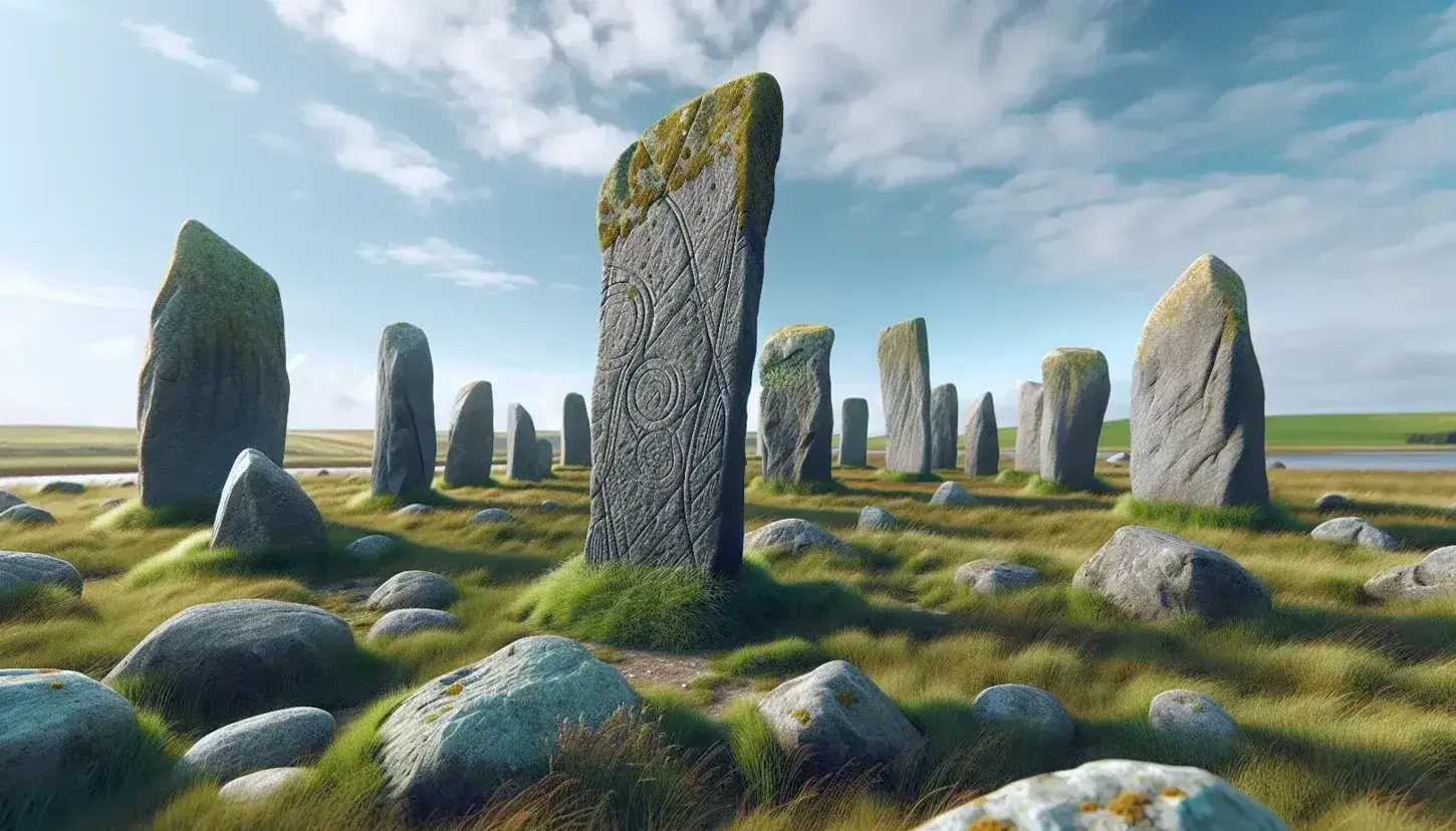 Ancient runestones in a grassy field with moss growth, under a clear blue sky, surrounded by a lush tree line, with no visible inscriptions.
