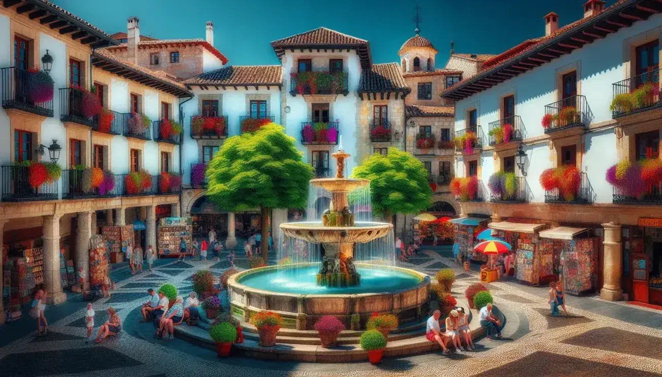 Piazza spagnola tradizionale con fontana, persone, edifici storici bianchi, balconi fioriti, cielo azzurro e bancarelle artigianali.