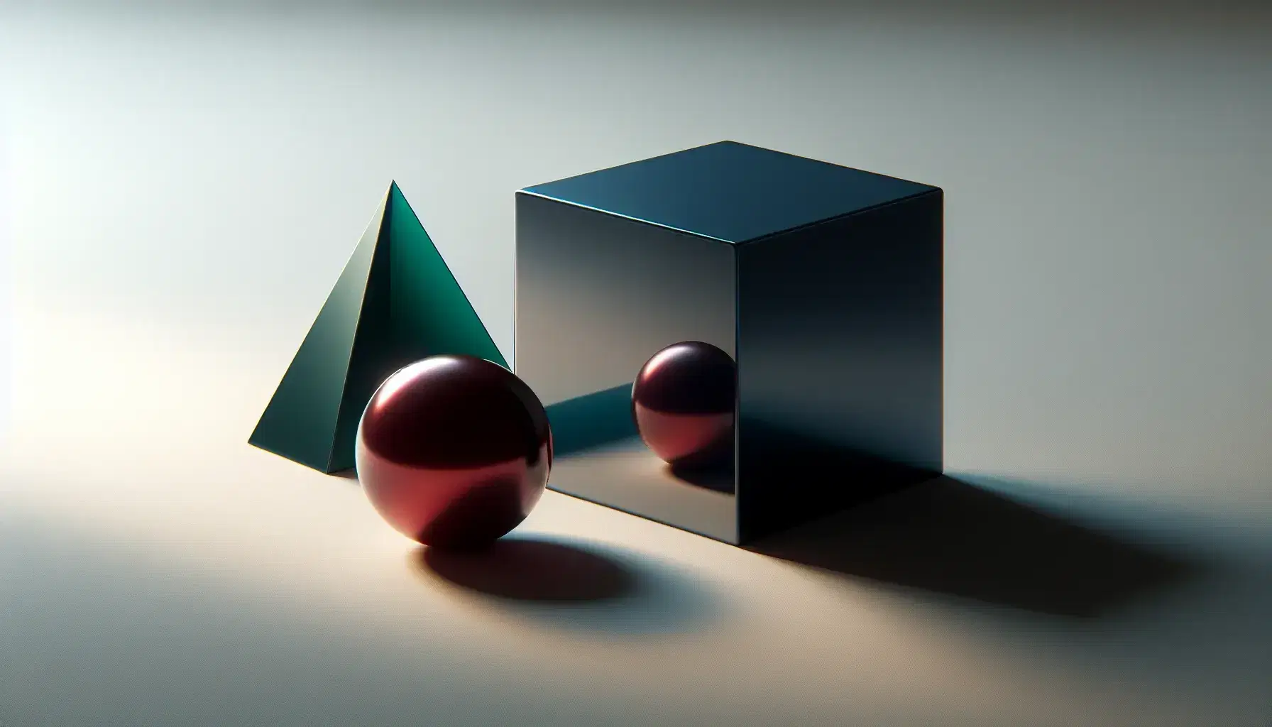 Figuras geométricas sólidas de un cubo azul oscuro, esfera roja pulida y cono verde esmeralda sobre superficie lisa con sombras suaves.
