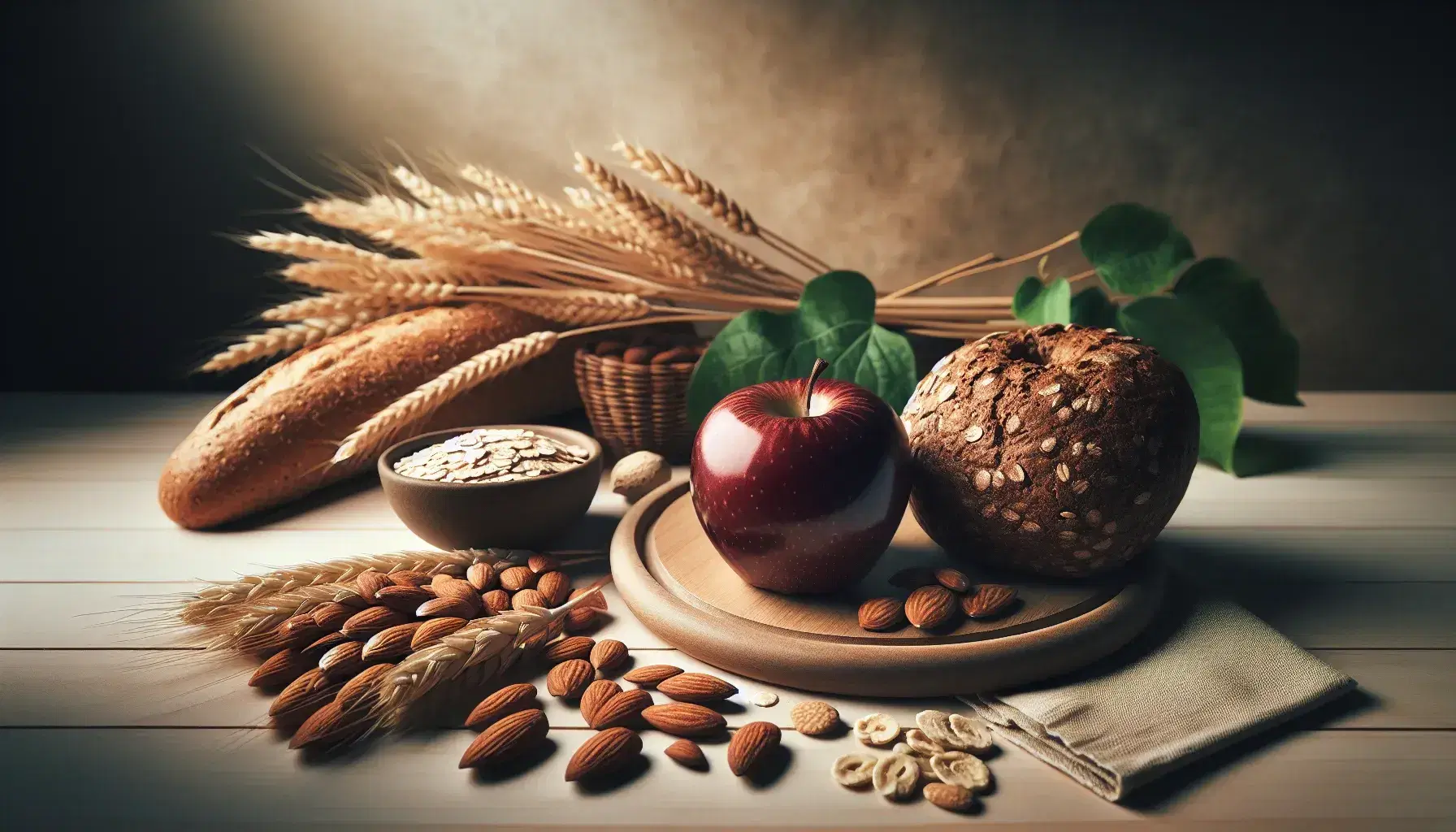 Variedad de alimentos saludables con granos de trigo dorados en el centro, pan integral, manzana roja brillante, avena y almendras sobre superficie de madera con hojas verdes al fondo.