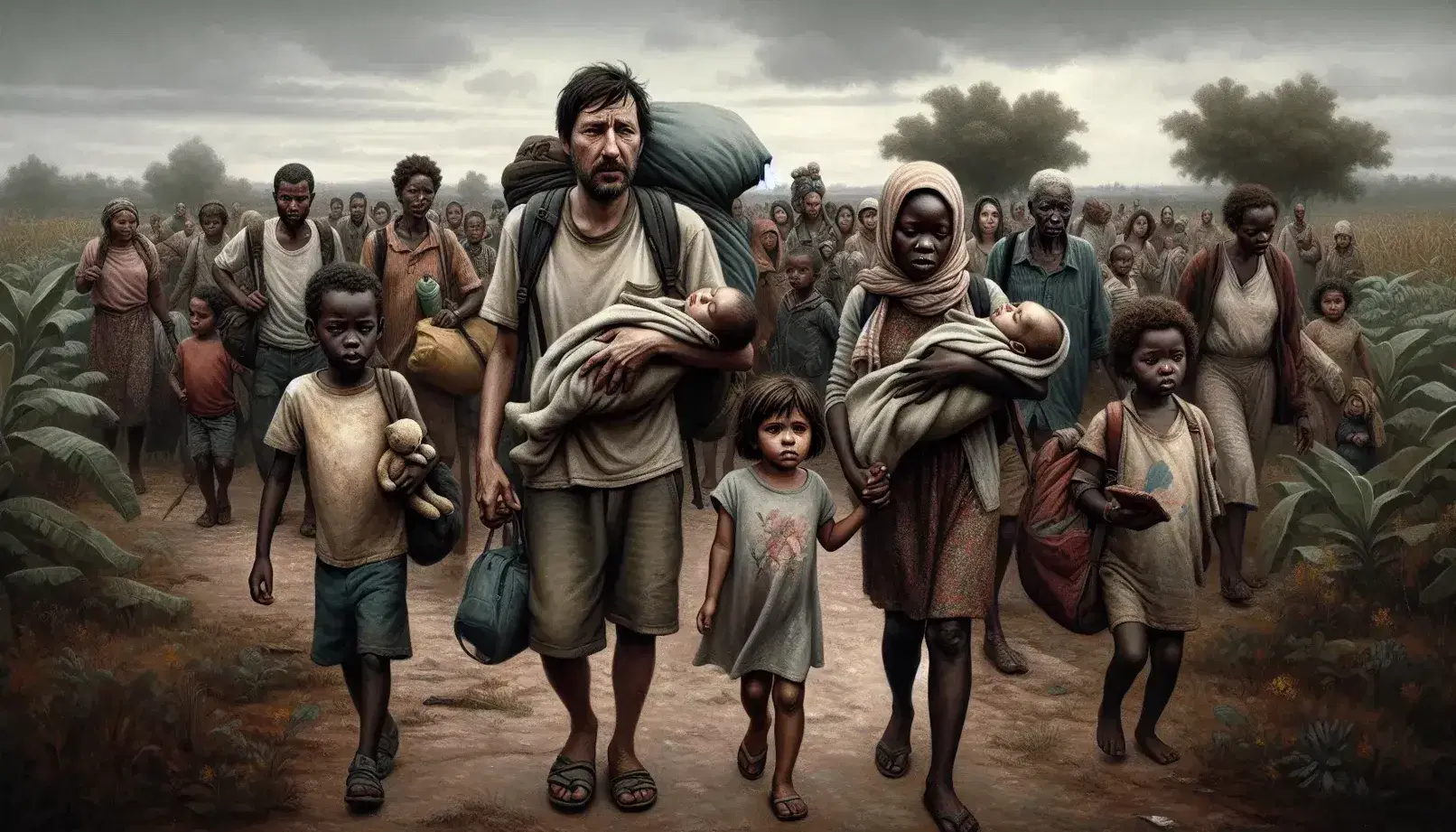 Group of diverse travelers with backpacks and personal belongings walking through a sparse rural landscape under a gray sky, reflecting a solemn journey.