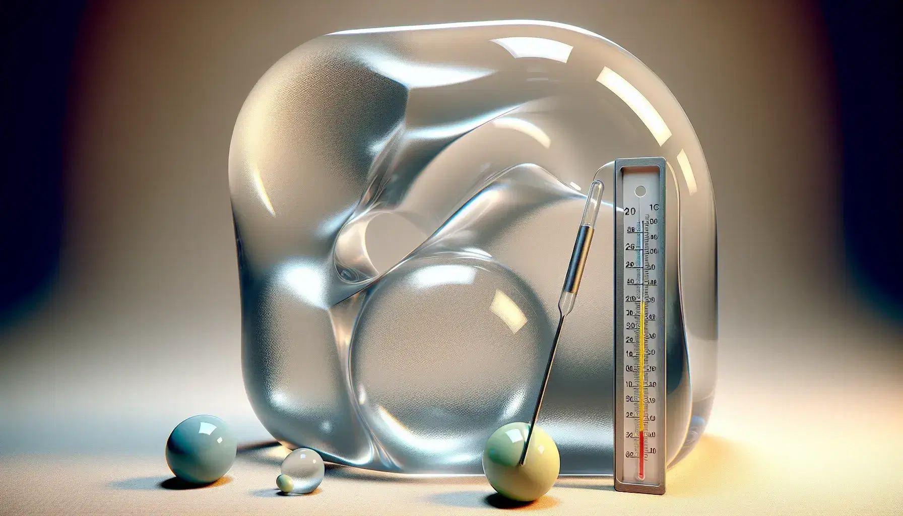 Close-up of a transparent polymer sample with laboratory thermometer inserted, surrounded by colorful beads on a neutral background.