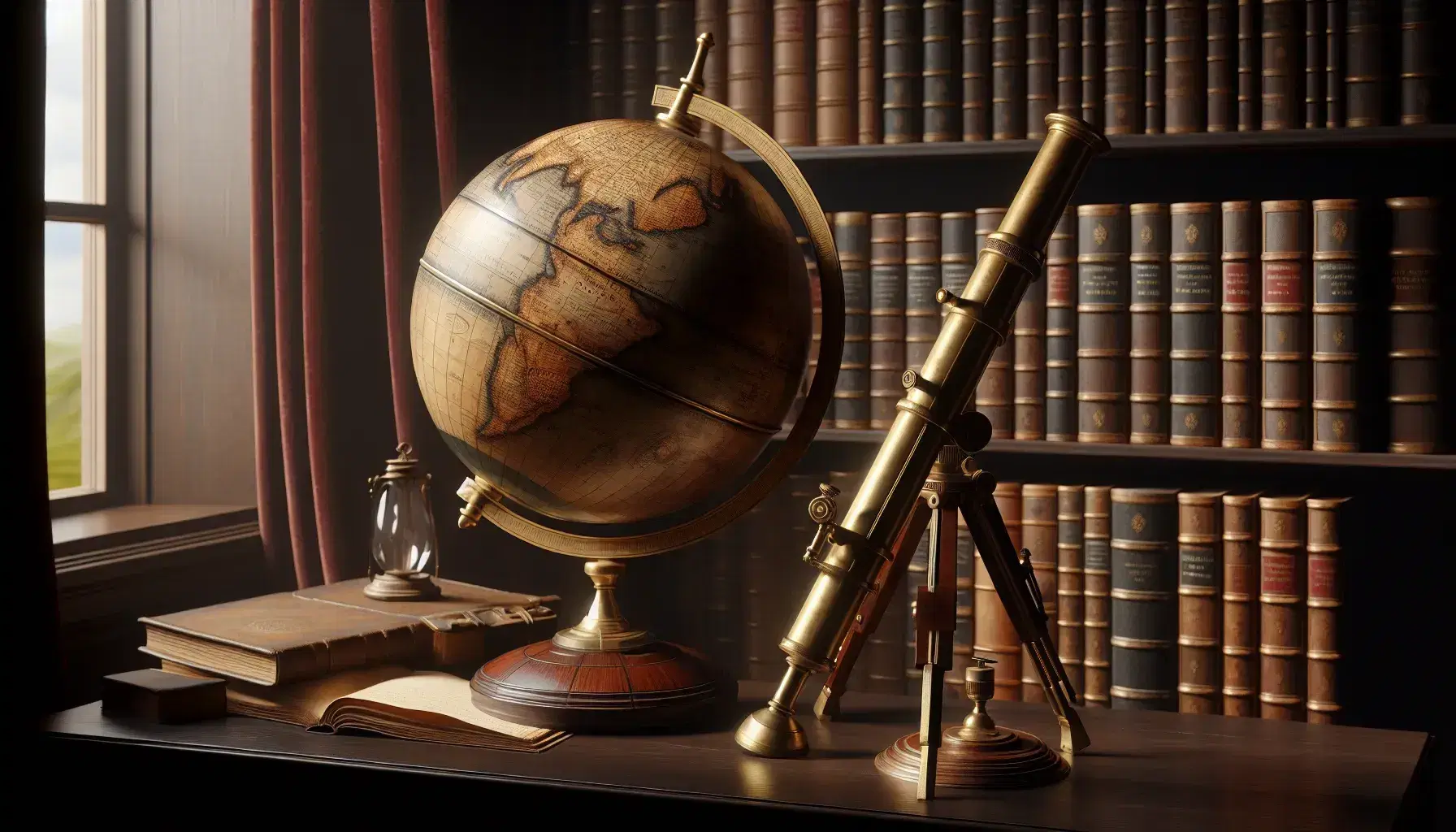 Globo terráqueo antiguo de madera y bronce sobre escritorio oscuro, junto a telescopio de latón y estantería con libros encuadernados, evocando una atmósfera de estudio y exploración.
