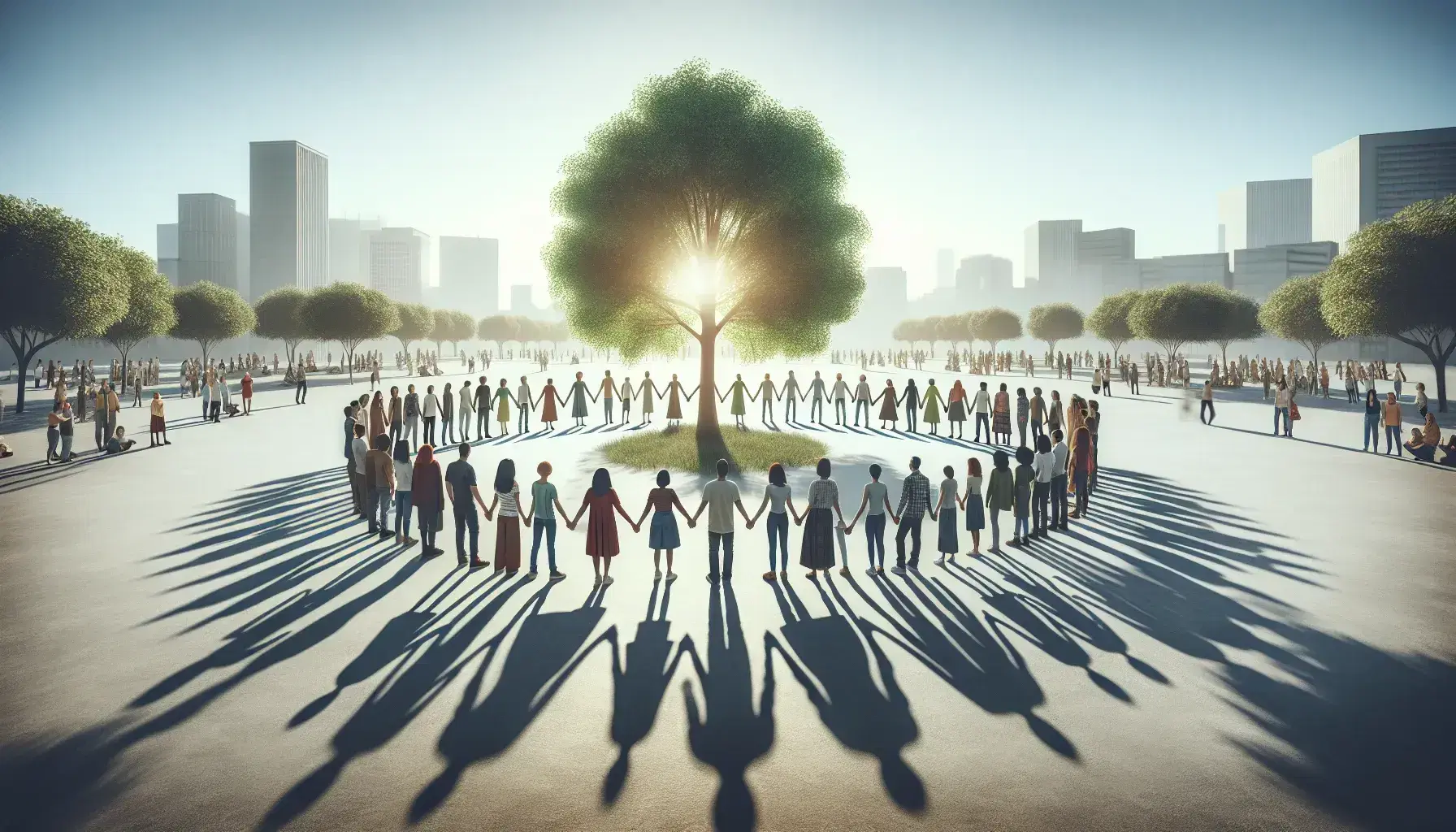 Grupo diverso de personas unidas de la mano en círculo alrededor de un árbol en un parque urbano bajo un cielo azul claro, simbolizando unidad y conexión.