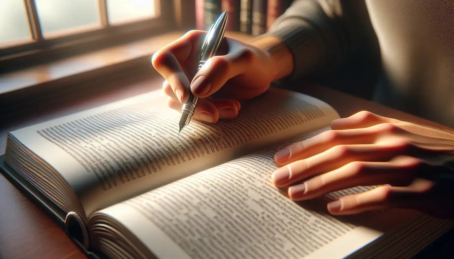 Close-up view of hands holding a book with dense text and a pen poised to write, suggesting a focused study session in a serene environment.
