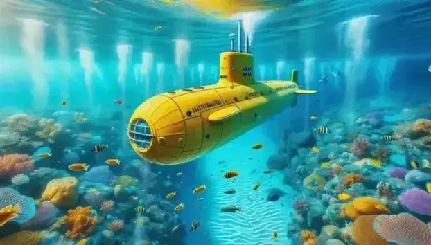 Submarino amarillo sumergido en aguas turquesas con burbujas y peces coloridos entre corales vibrantes, reflejando la luz solar submarina.