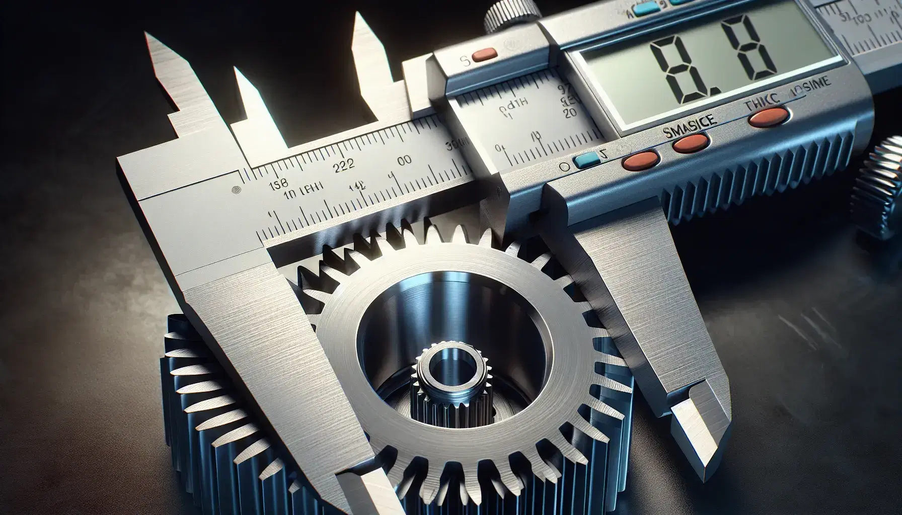 Close-up view of a stainless steel caliper measuring the diameter of a finely machined steel gear with visible interlocking teeth.