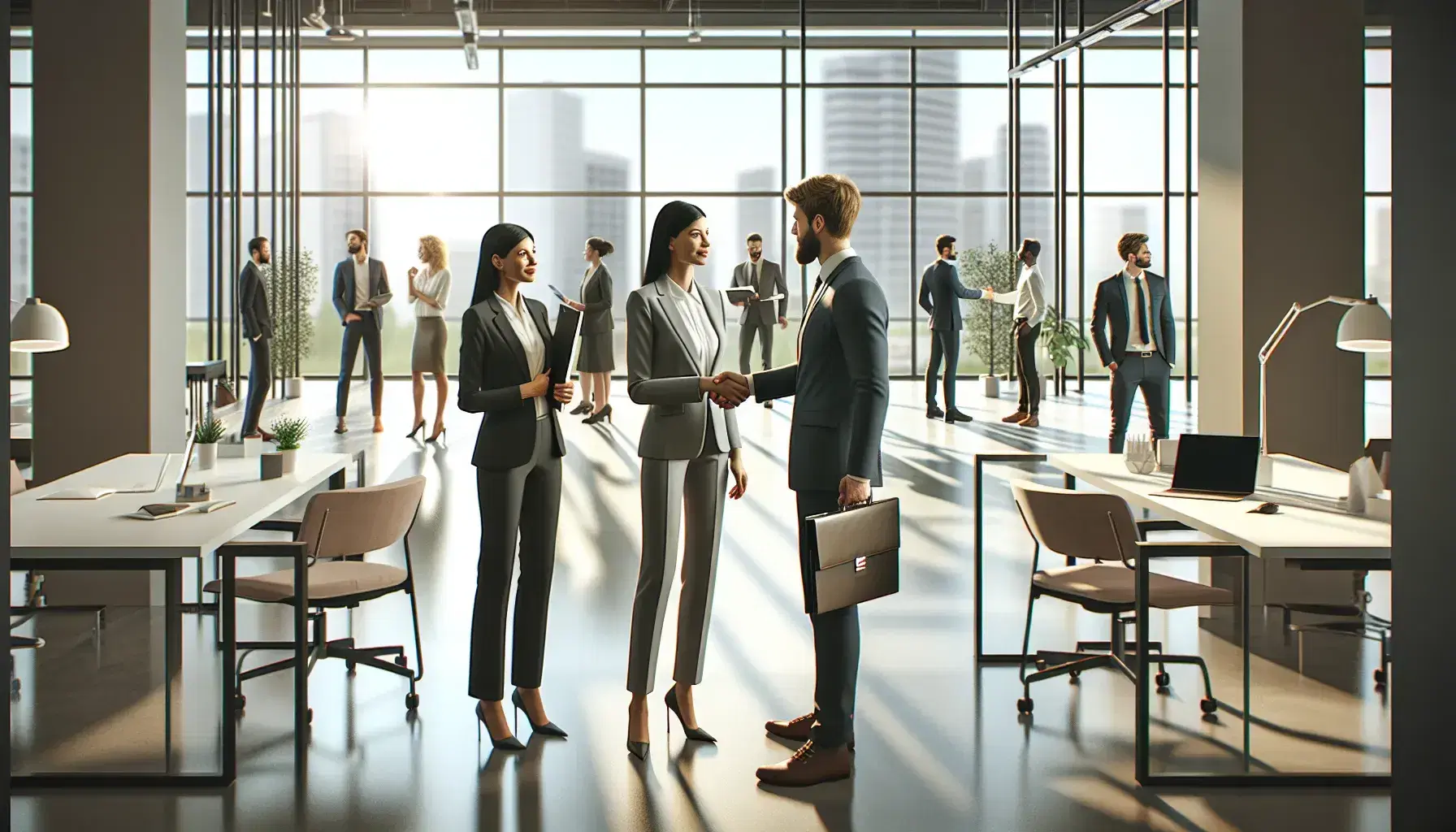 Grupo diverso de profesionales en oficina moderna con luz natural, mujer y hombre estrechando manos en el centro, otros dialogan y revisan documentos alrededor.