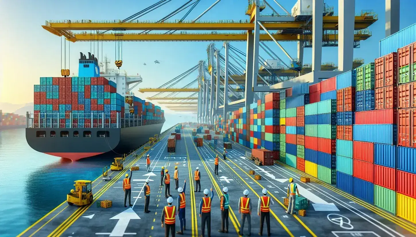 Contenedores de carga multicolores apilados en puerto comercial con trabajadores supervisando, grúa de puerto amarilla al fondo y barco parcialmente visible en día claro.