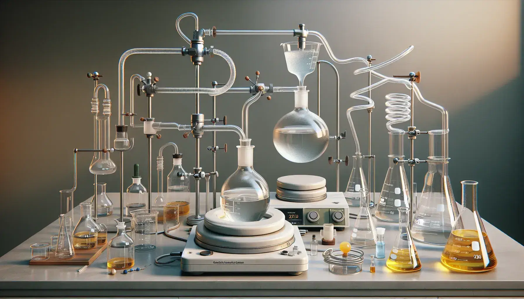 Laboratory bench with distillation material: flask with liquid, Liebig condenser, magnetic stirrer and various test tubes.