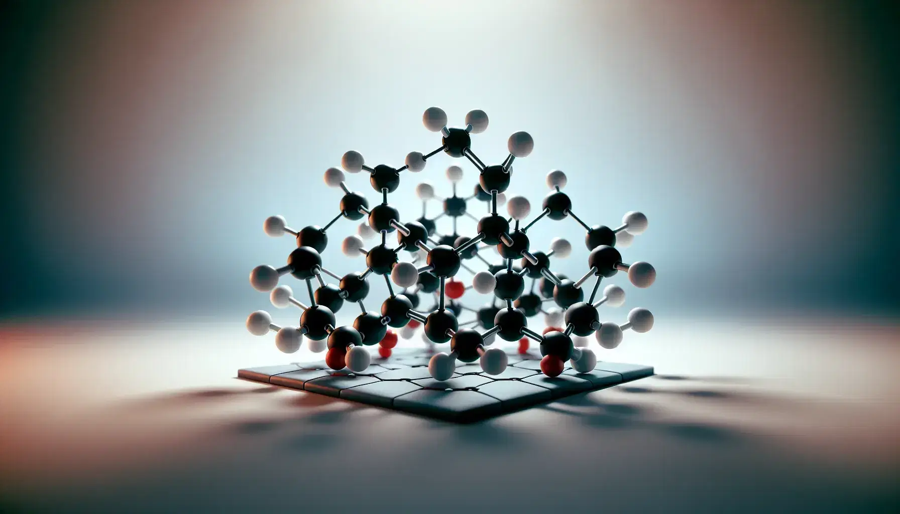 Three-dimensional molecular model of D-glucose with black carbon, red oxygen and white hydrogen atoms in chair shape on a gradient background.