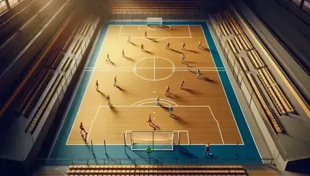 Cancha de fútbol sala interior con superficie lisa y líneas demarcatorias, porterías coloridas y jugadores en acción bajo iluminación artificial.