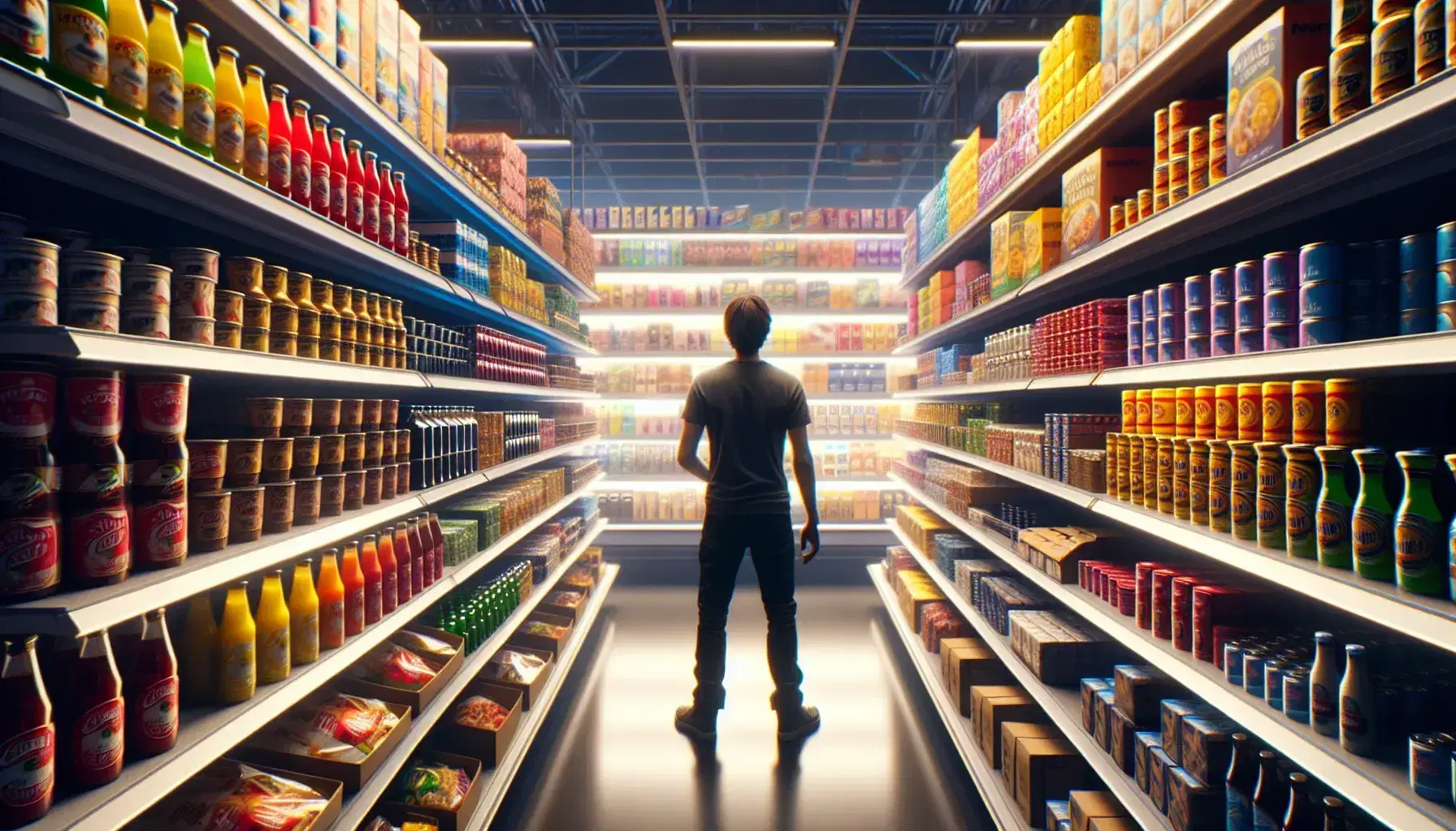 Estantes de supermercado alineados con botellas de líquidos coloridos y cajas de alimentos, con una persona desenfocada eligiendo productos.