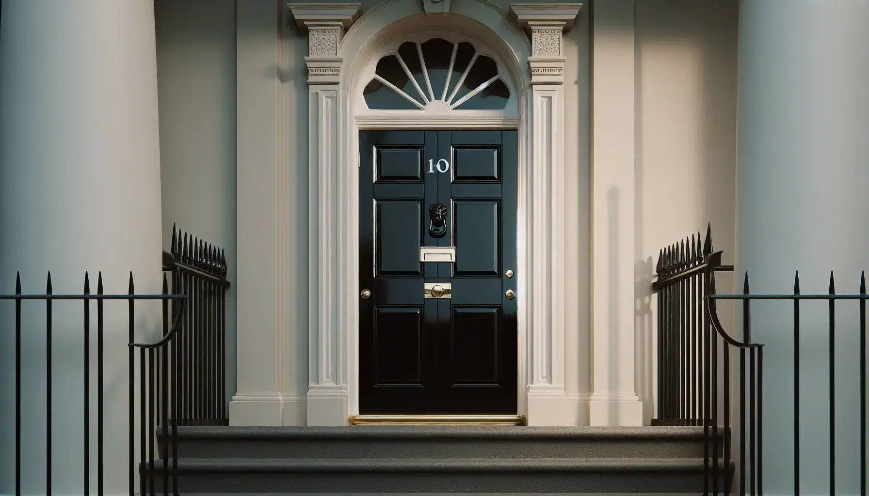 Elegant black door with white number 10, brass lion knocker, letterbox, and doorknob, flanked by iron railings and stone steps in daylight.