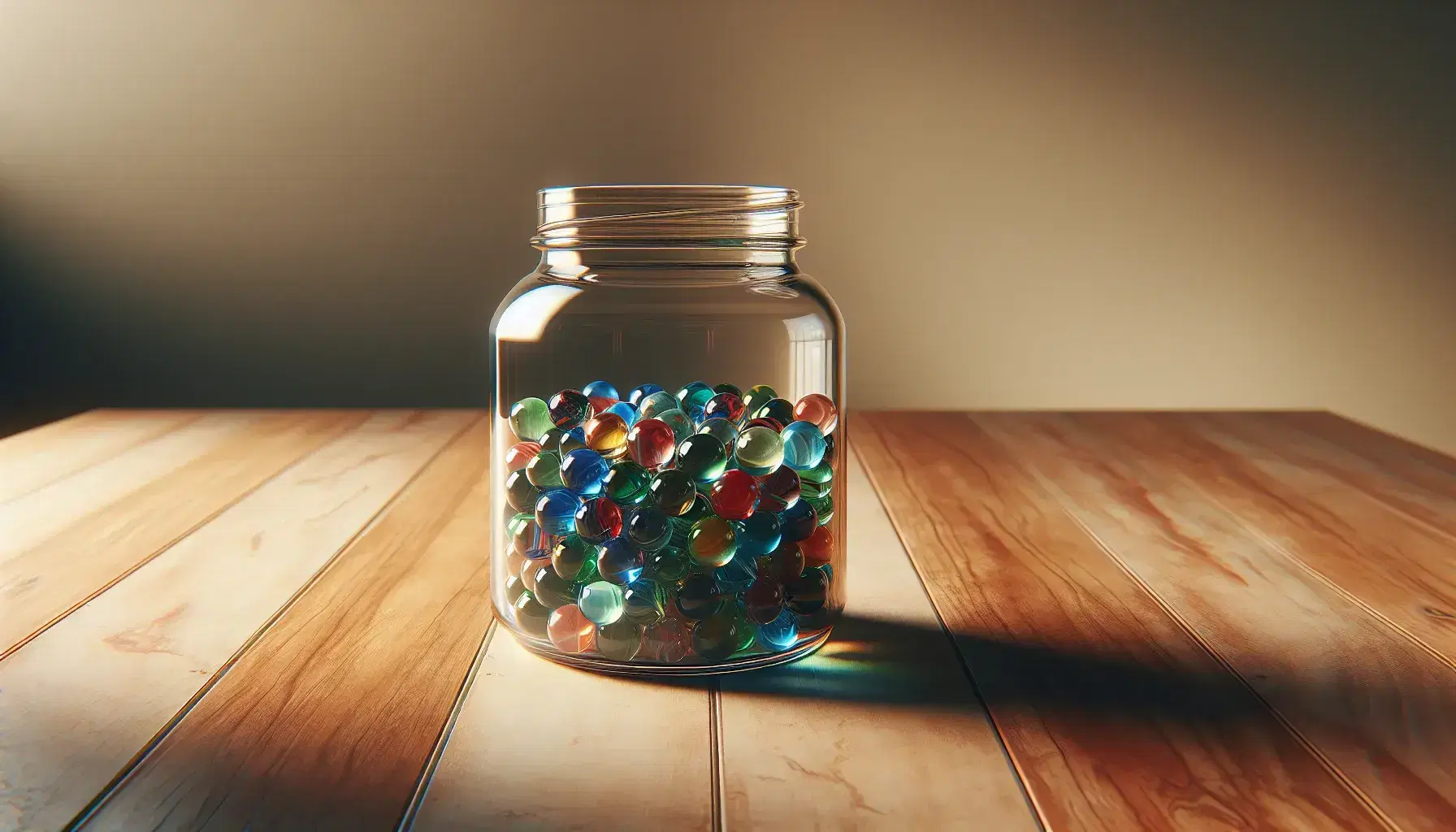 Transparent glass jar on wooden table with red, blue, green and yellow colored marbles, light shadow on the right, neutral background.