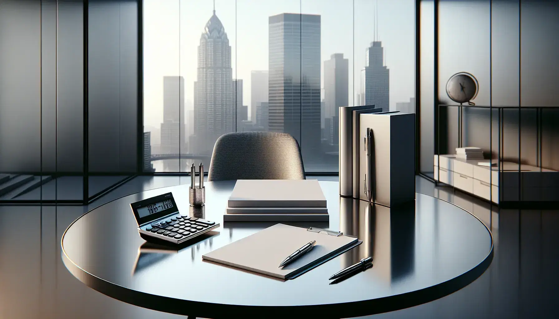 Modern office with a round table holding a mechanical calculator, metallic pen, stack of white paper, and a closed hardcover textbook, cityscape in the background.