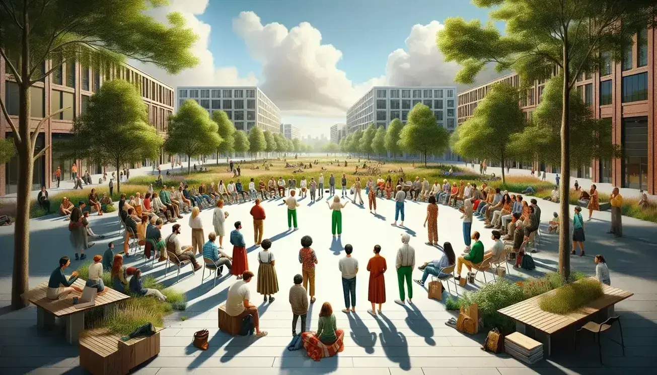 Grupo diverso de personas reunidas en círculo en un parque, dialogando activamente en un día despejado, con árboles y edificios al fondo.