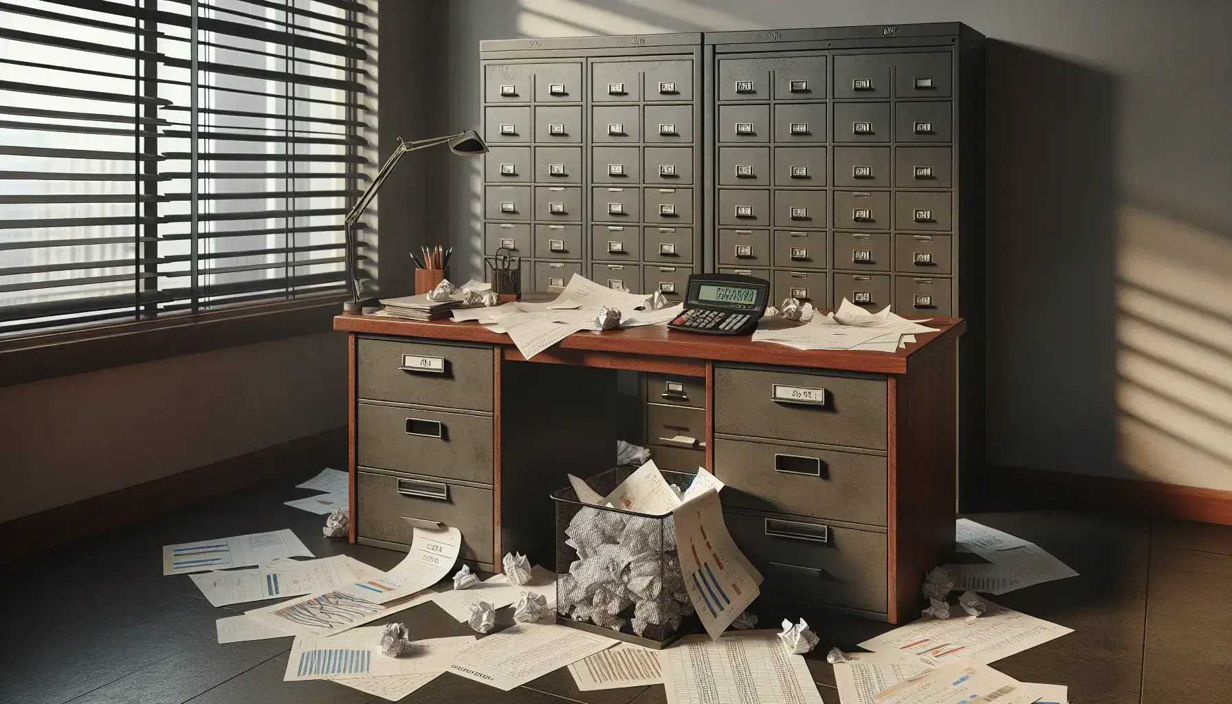 Cluttered office with a mahogany desk covered in disorganized financial papers, an overflowing waste basket, and an open steel filing cabinet.