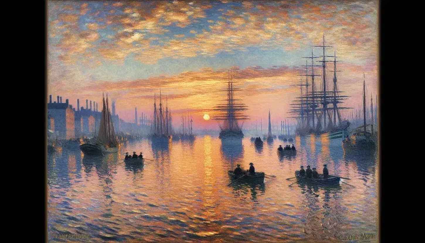 Dipinto 'Impressione, alba' di Monet con sole arancione riflesso sulle acque del porto di Le Havre e barche sfumate in primo piano.