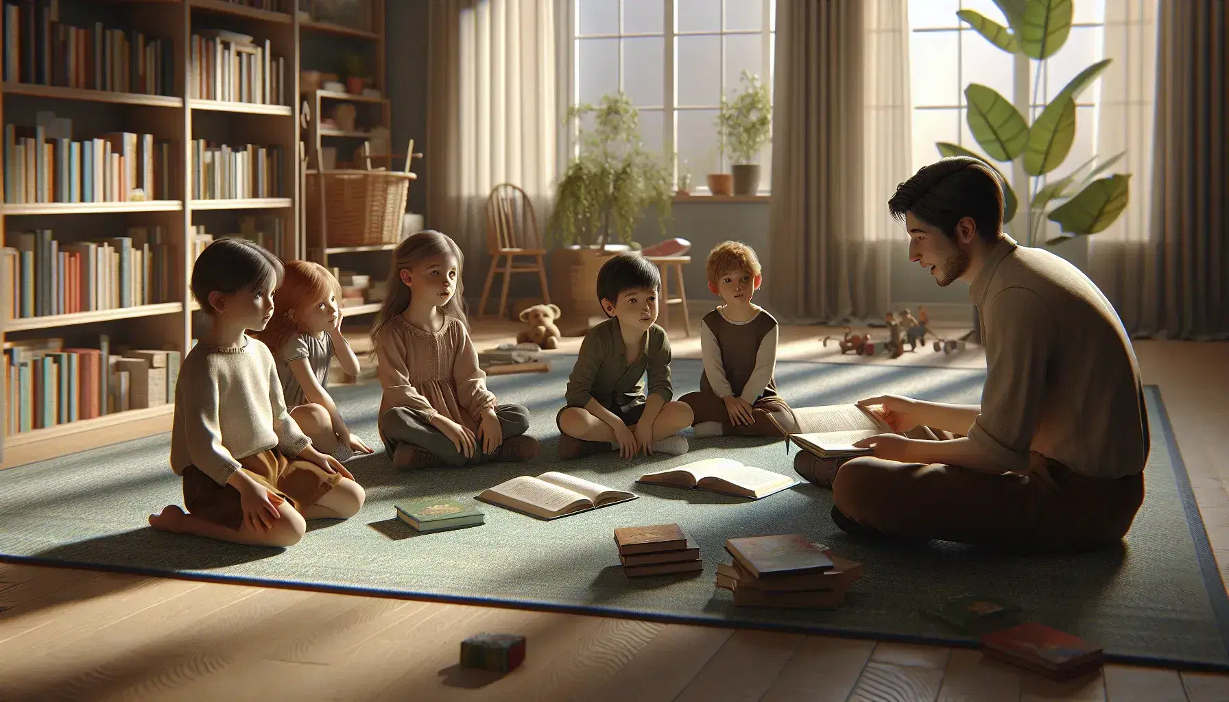 Adulto leyendo un libro a tres niños atentos en una habitación iluminada con estantería de libros y juguetes dispersos.